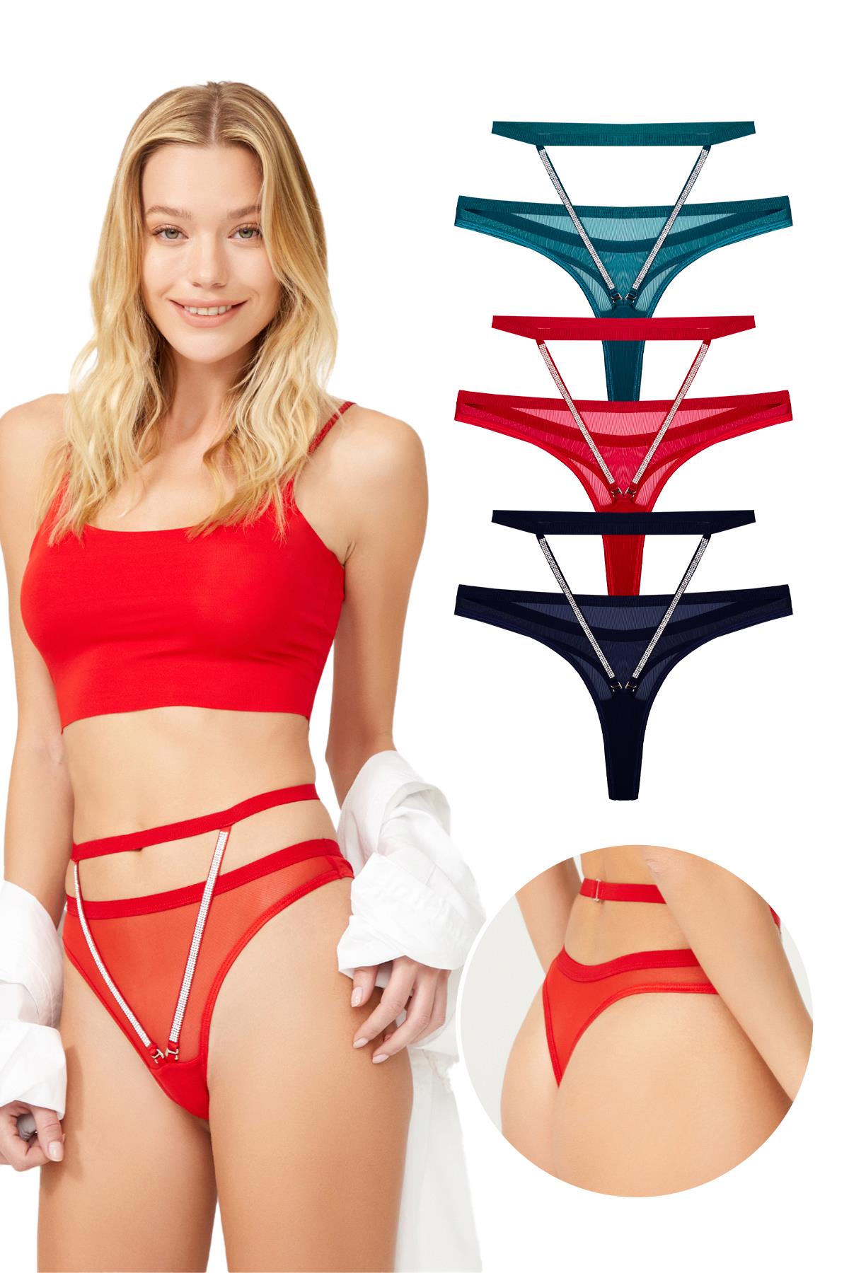 Tül Yüksek Bel Taş Detaylı Kadın Tanga Külot 3lü Paket