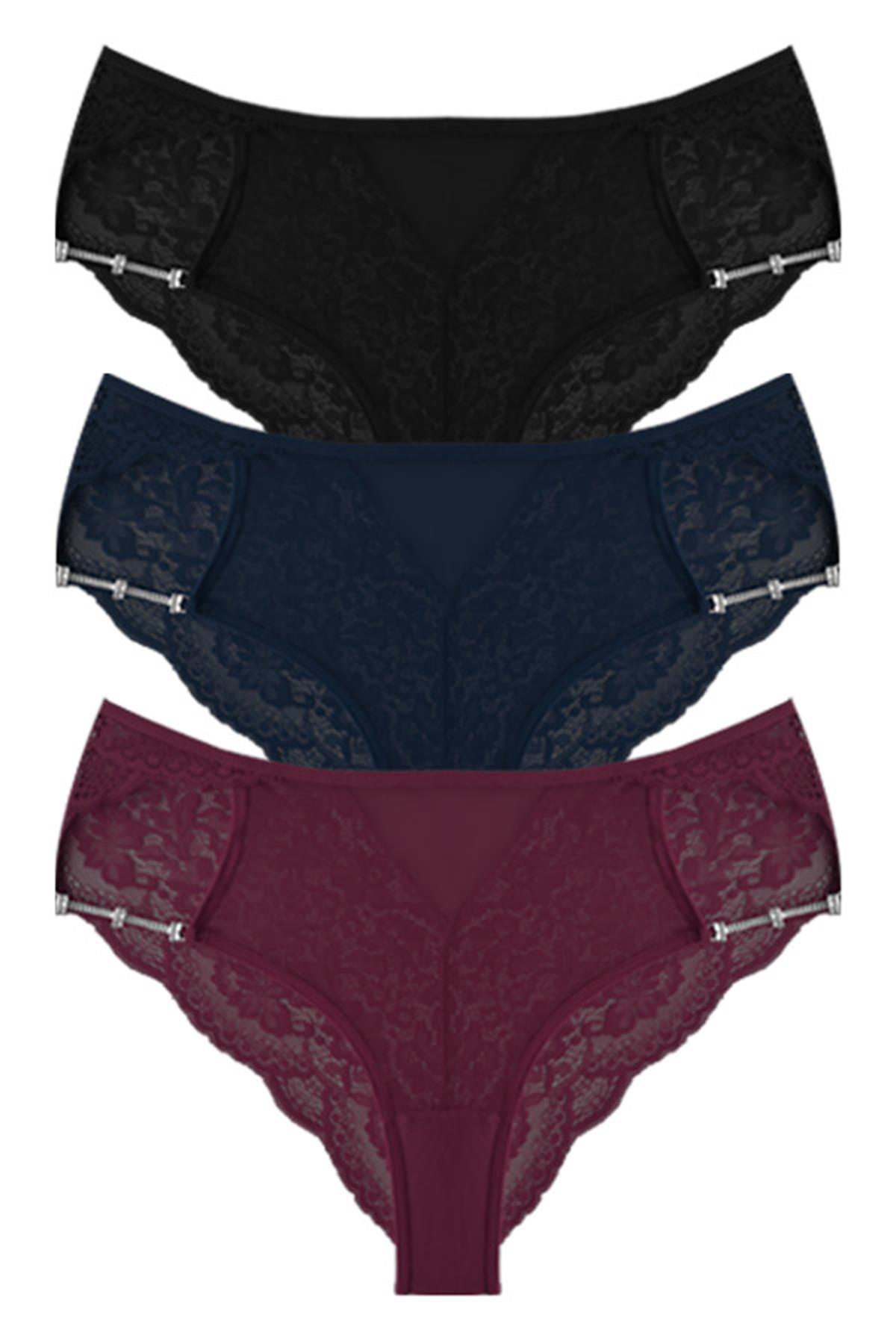 Transparan Tüllü Dantel ve Zincir Detaylı Büyük Beden Kadın Bikini Külot 3lü Paket-2