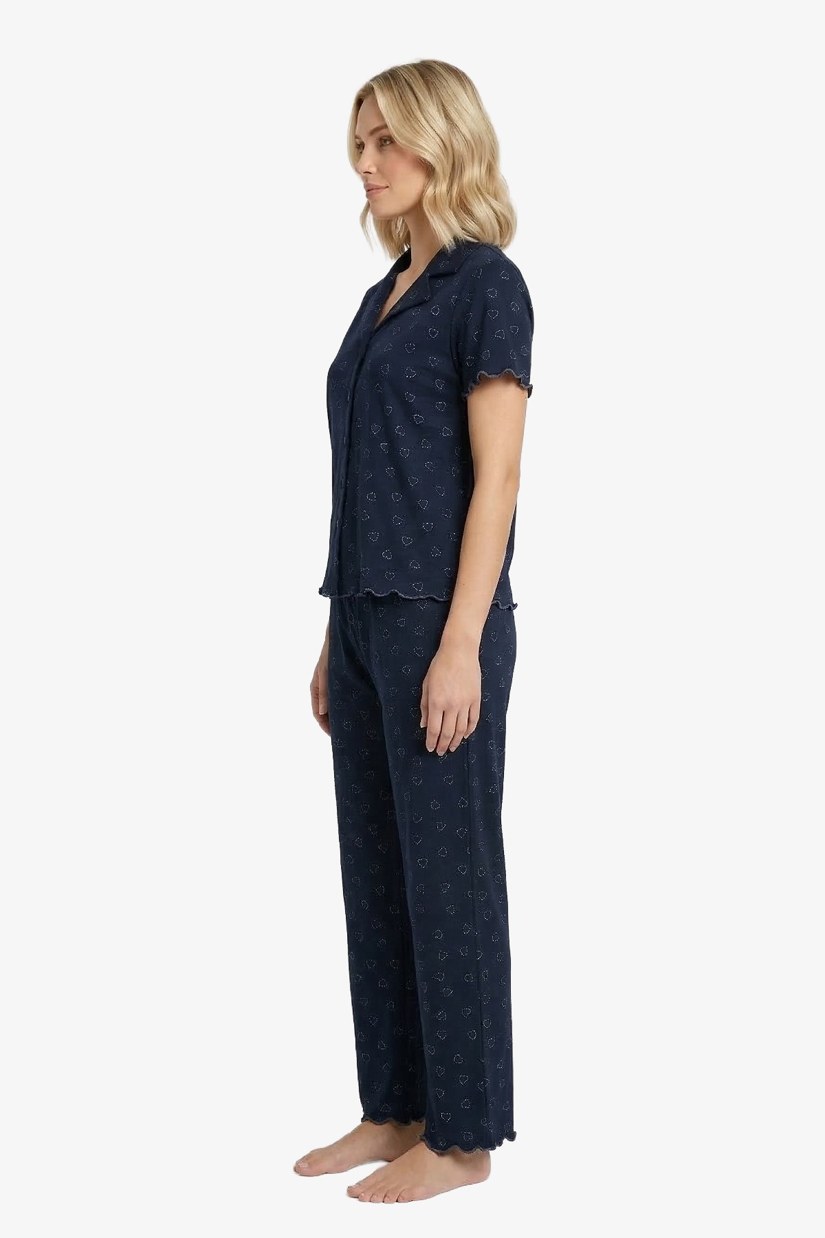 Lacivert Kalp Desenli Pointel Gömlek Yaka Kadın Pijama Takımı