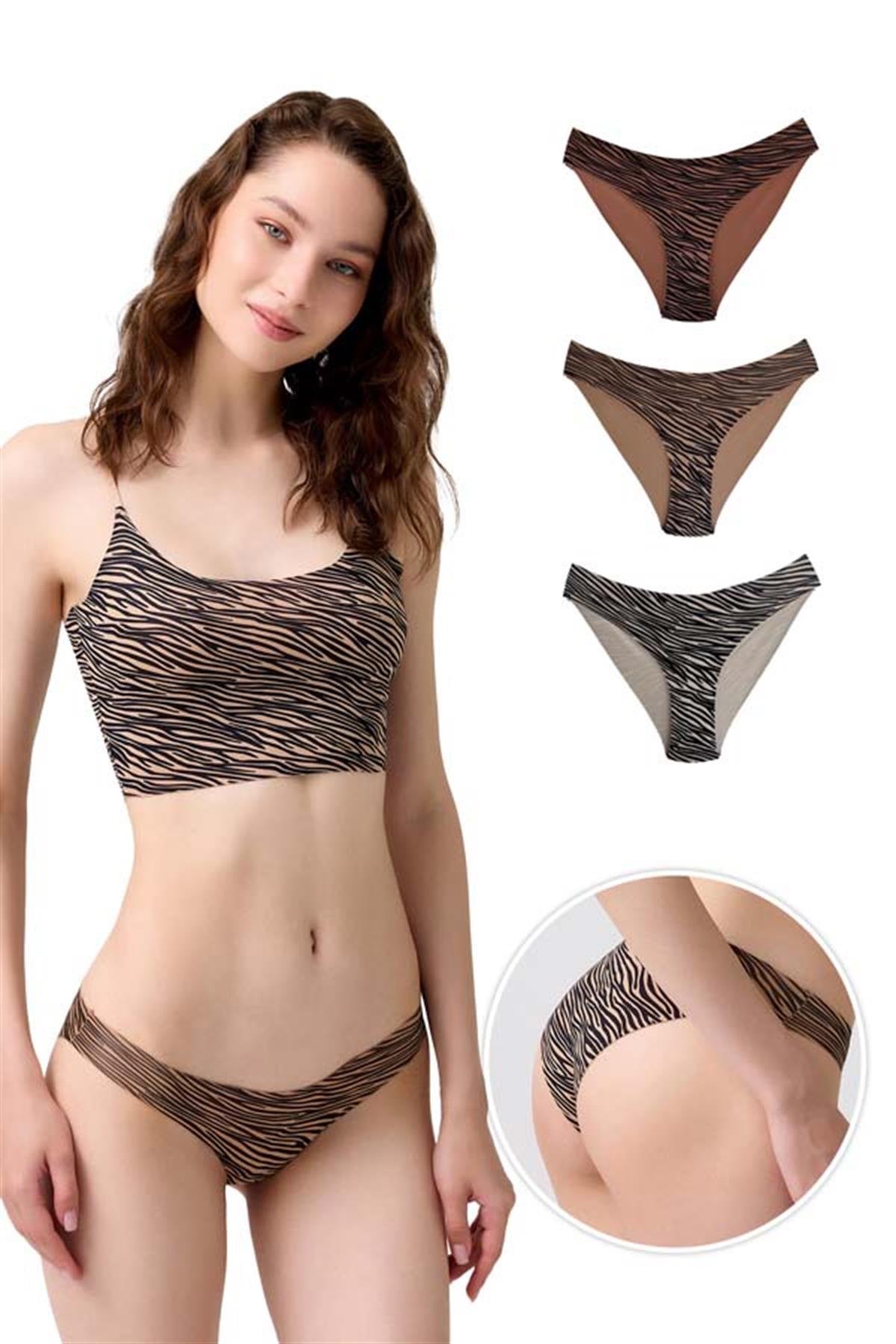 Basic Desenli Lazer Kesim Kadın Bikini Külot 3lü Paket-1
