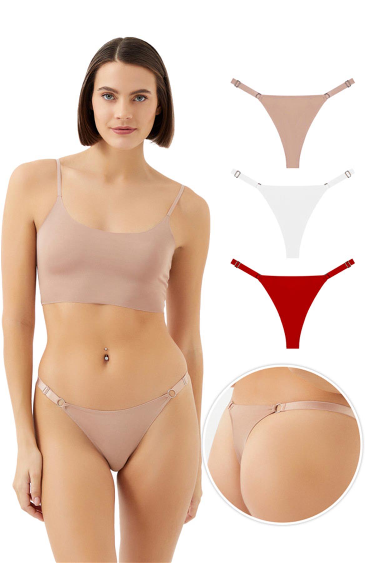 Halka Detaylı Ayarlanabilir Lastikli Kadın Tanga Külot 3lü Paket