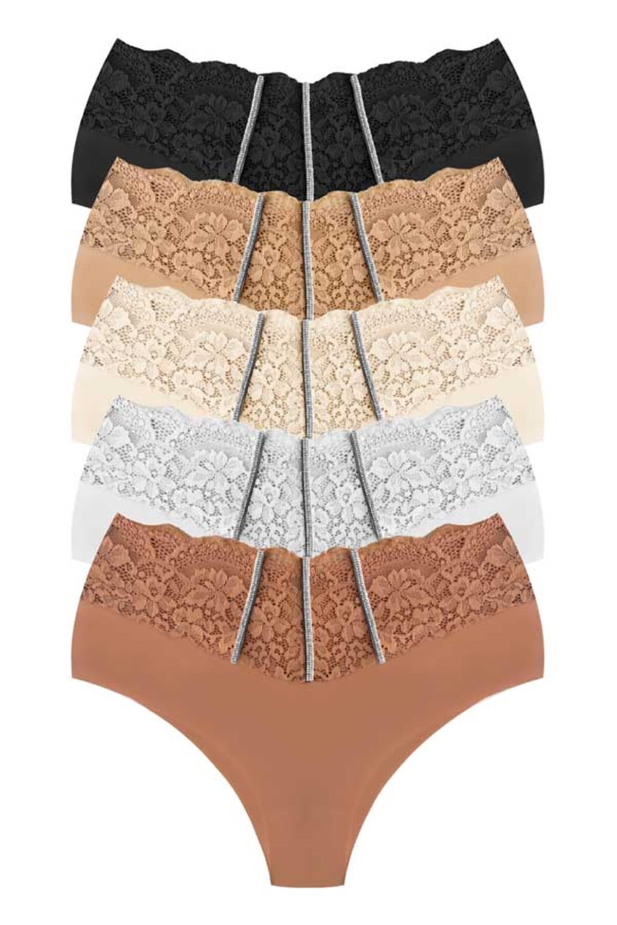 Dantel ve Taş Detaylı Lazer Kesim Büyük Beden Kadın Bikini Külot 5li Paket