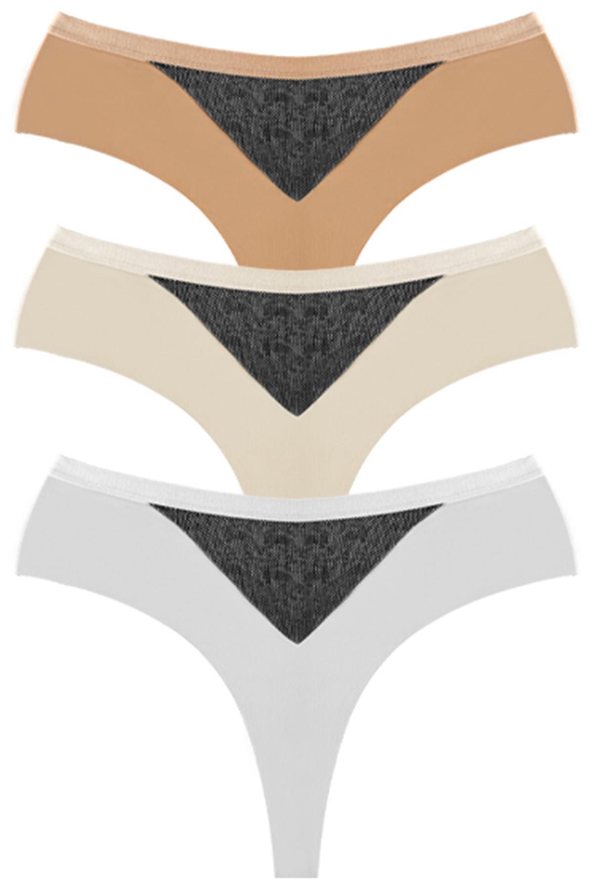 File Detaylı Beli Lastikli Lazer Kesim Büyük Beden Kadın Tanga Külot 3lü Paket-2