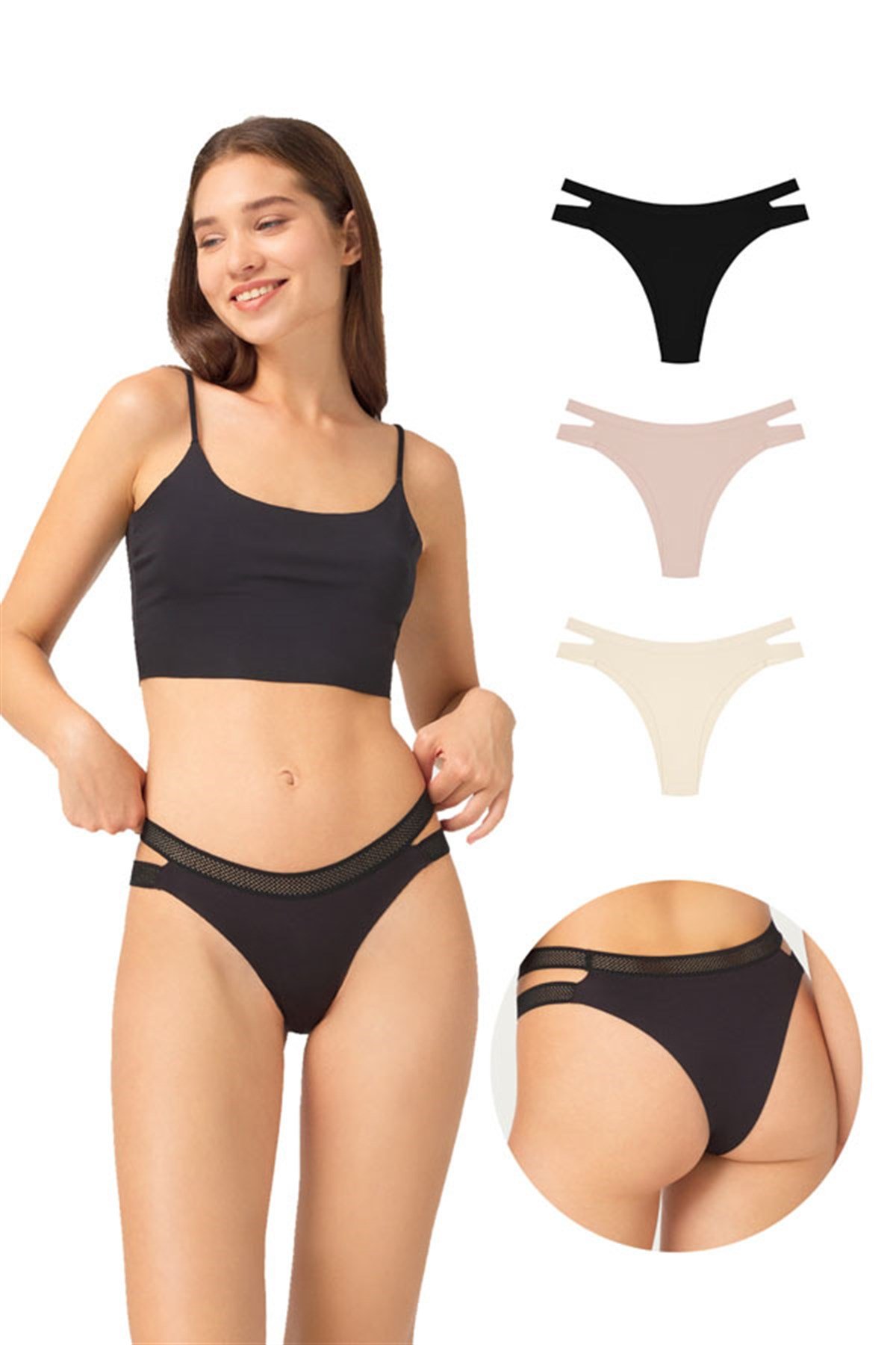 Çift File Lastikli Lazer Kesim Brezilya Külot 3lü Paket - 3