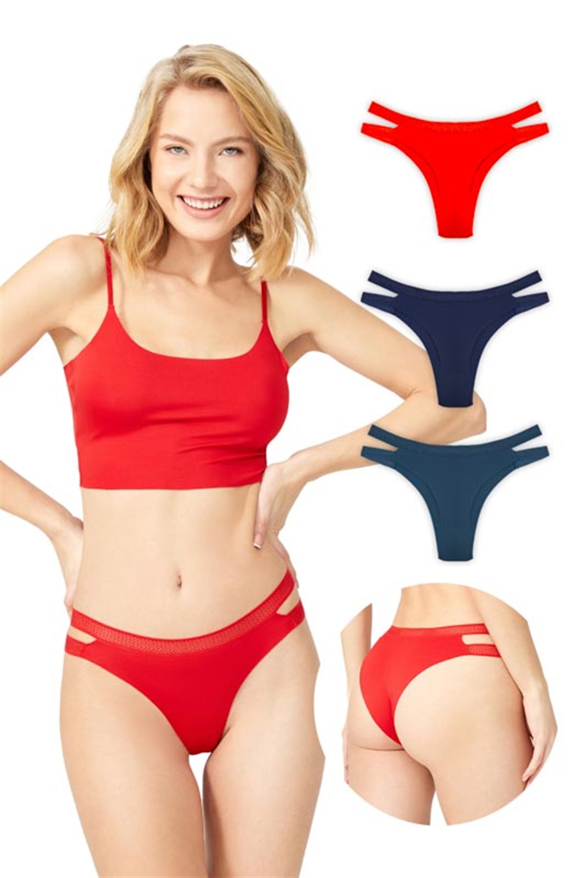 Çift File Lastikli Lazer Kesim Brezilya Külot 3lü Paket - 5