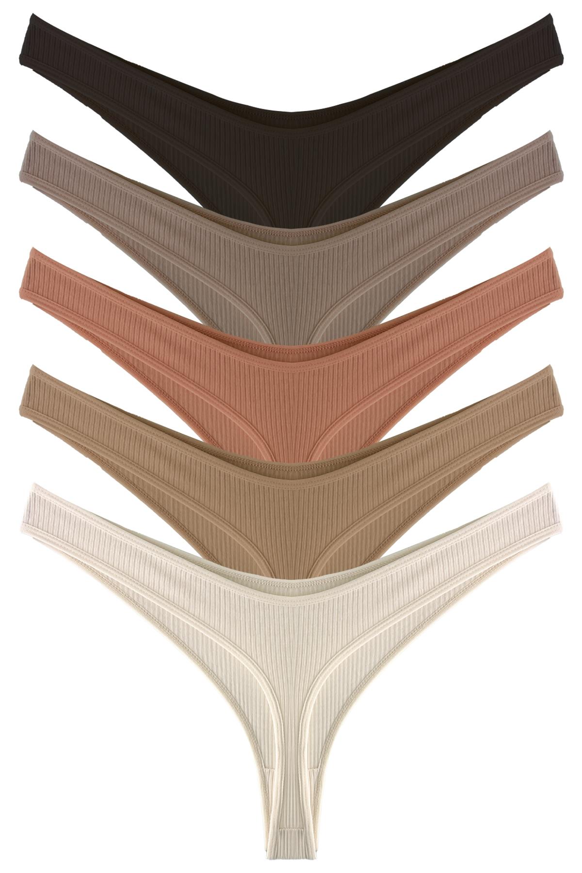 Kadın Pamuklu ve Likrali Fitilli Kaşkorse Tanga Külot 5li Paket-2