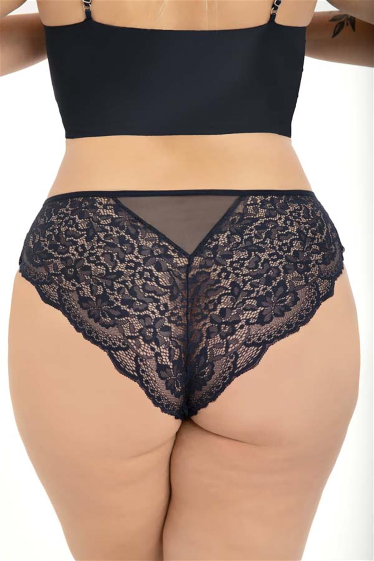 Transparan Tüllü Dantel ve Zincir Detaylı Büyük Beden Kadın Bikini Külot 3lü Paket