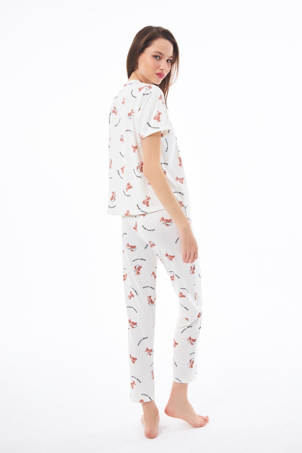 Premium Kadın Pijama Takımı Ayıcık Desenli Yumuşak Dokulu Kısa Kollu Bisiklet Yaka