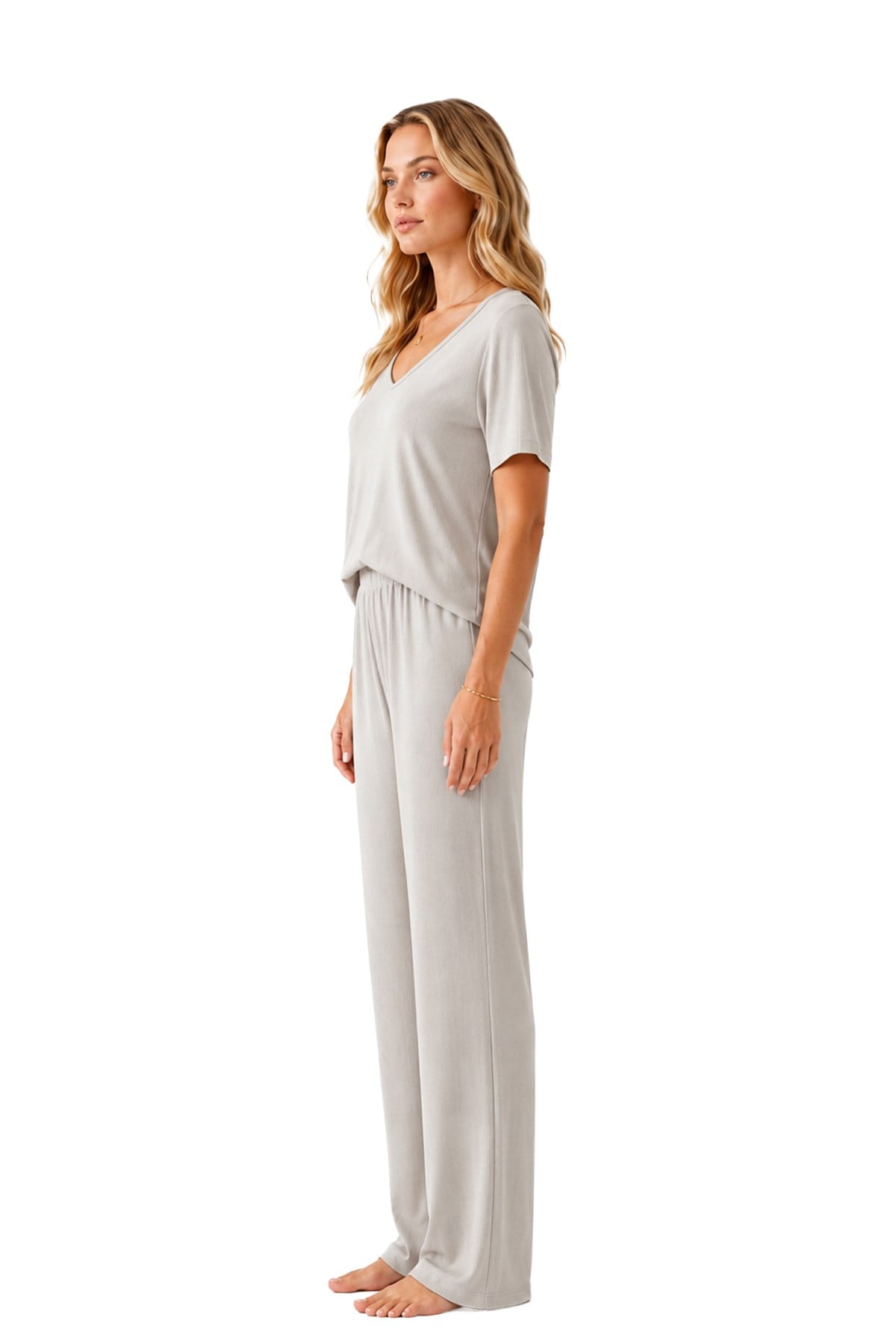 Premium - Neat Collection | Gri Rib Dokulu V Yaka Modal Viskon Bol Paça Kadın Pijama Takımı