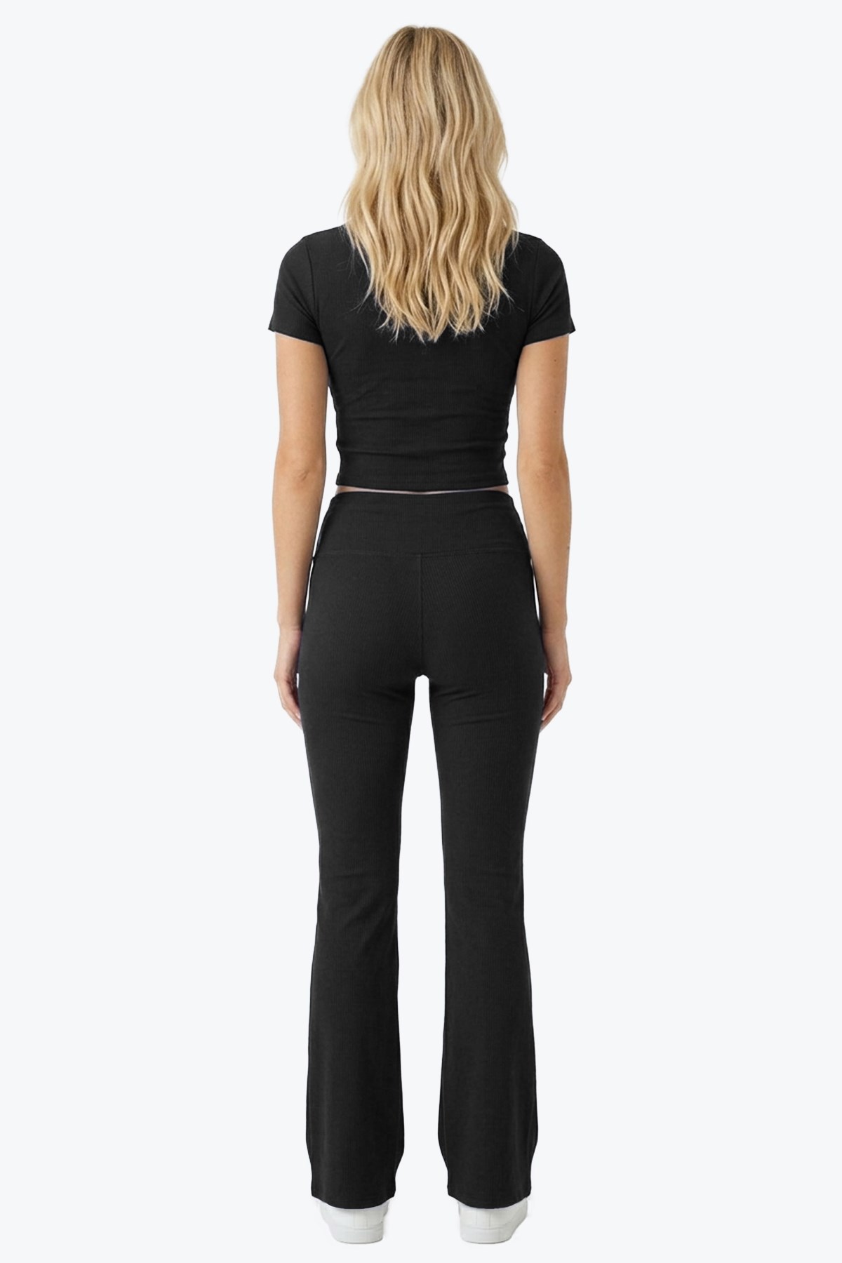 Siyah Viskon Yüksek Bel Önü Büzgülü İspanyol Paça Kadın Pantolon Flared