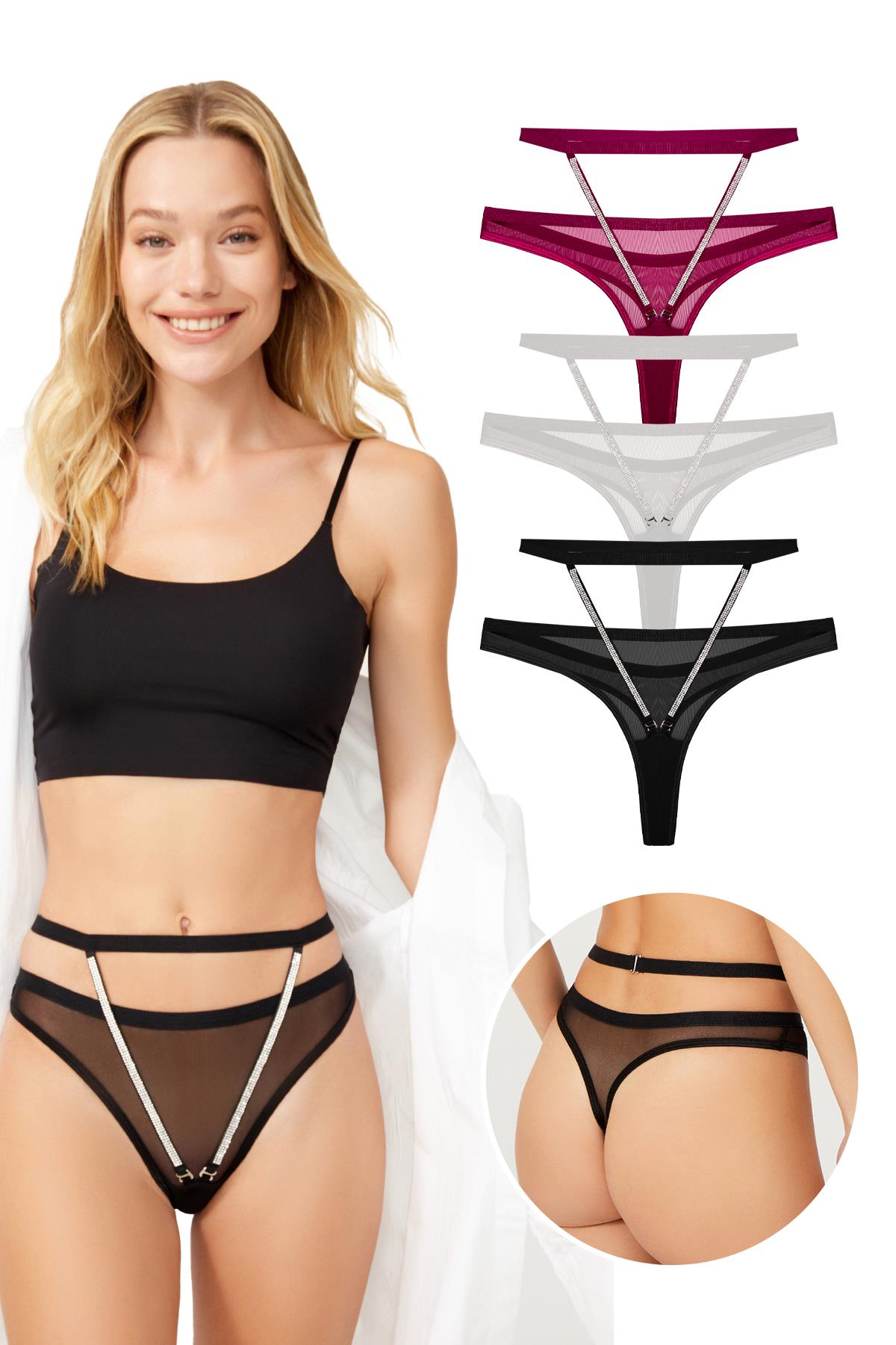 Tül Yüksek Bel Taş Detaylı Kadın Tanga Külot 3lü Paket-2