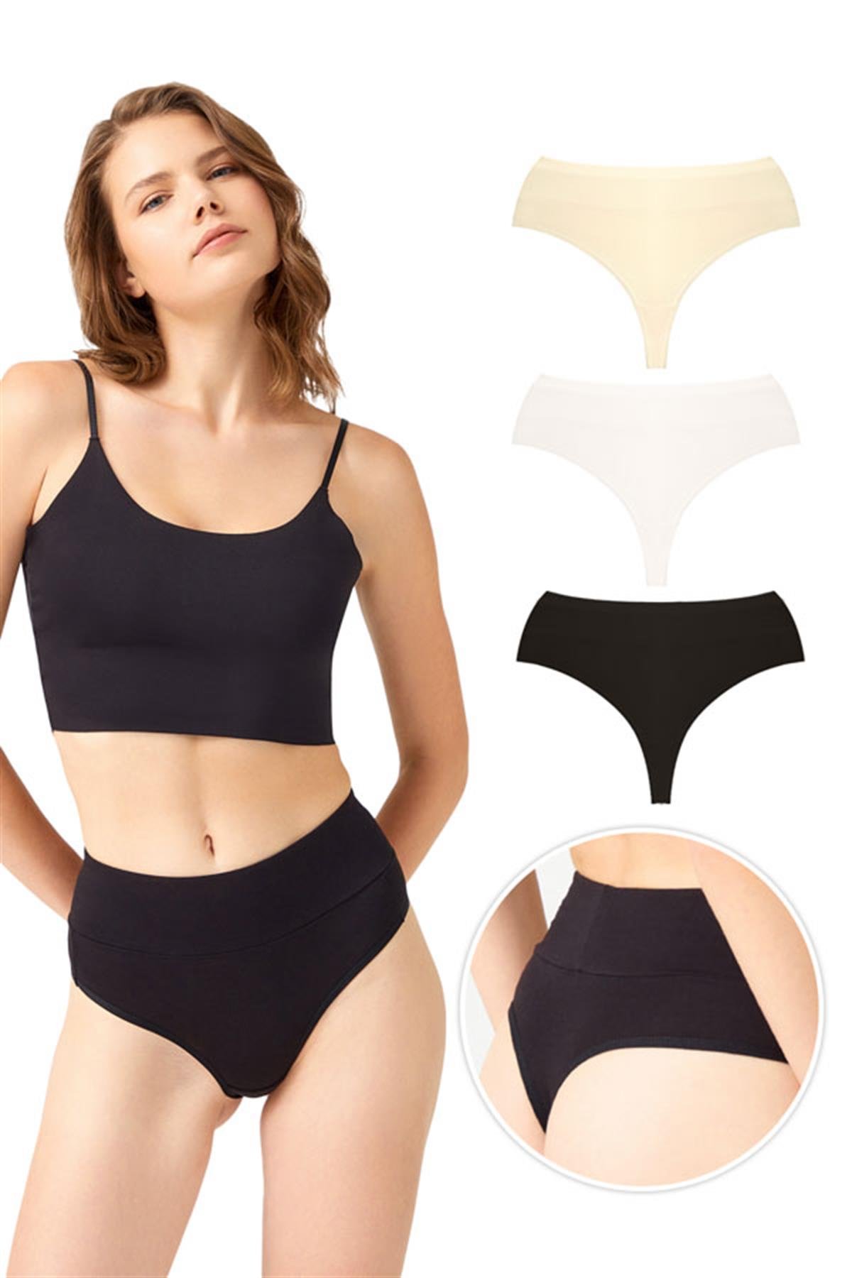 Pamuklu Yüksek Bel Toparlayıcı Kadın Tanga Külot 3lü Paket