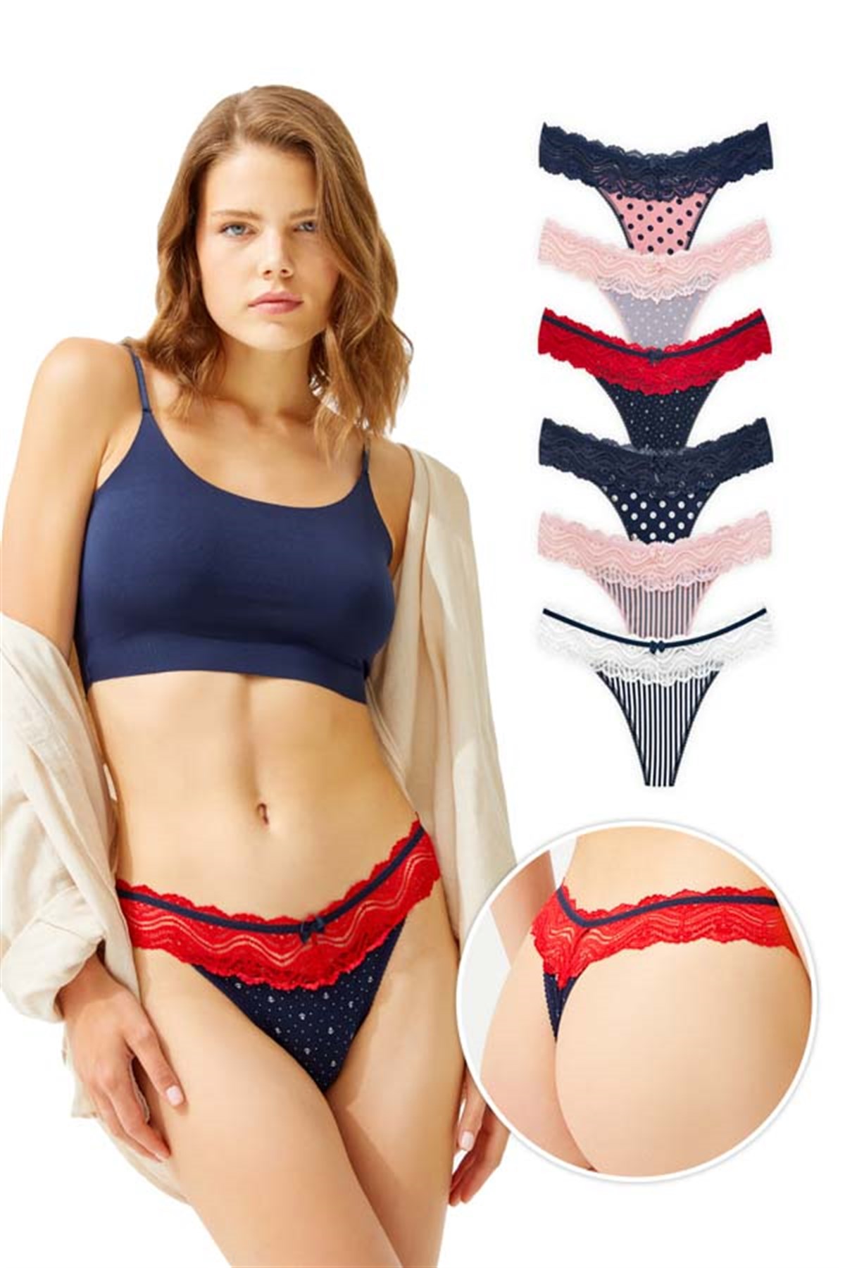 Dantel Detaylı Pamuklu Kadın Tanga Külot 6lı Paket - 2