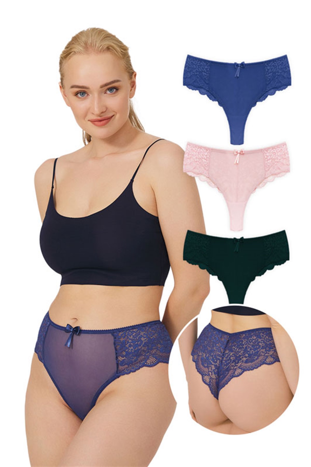 Dantelli Tül Detaylı Büyük Beden Brezilya 3lü Paket Külot - 4