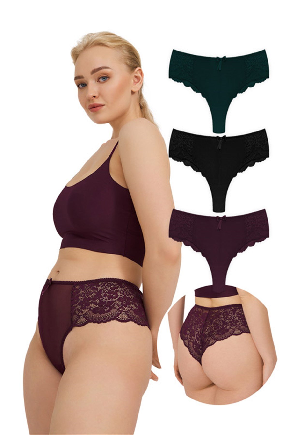Dantelli Tül Detaylı Büyük Beden Kadın Brezilya 3lü Paket Külot