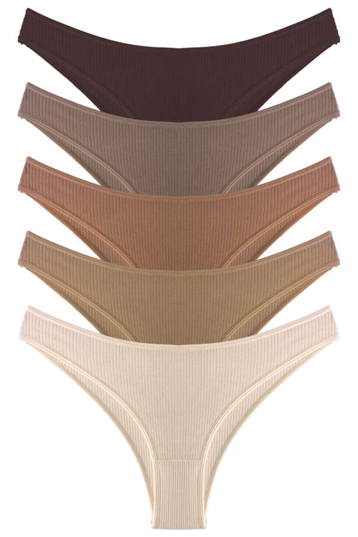 Kadın Pamuklu ve Likralı Fitilli Kaşkorse Brezilya Külot 5li Paket-2
