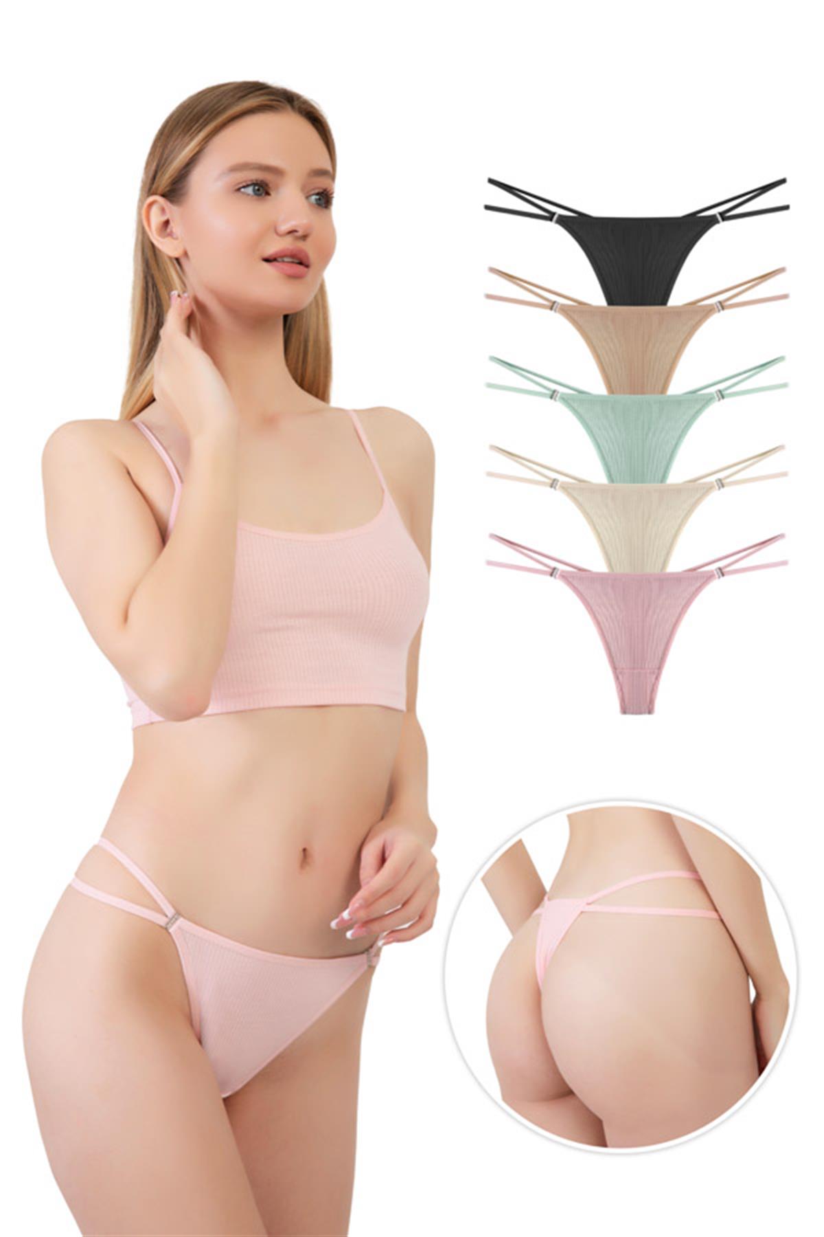 Kadın Pamuklu ve Taş Detaylı Likralı Fitilli Kaşkorse Tanga Külot 5li Paket