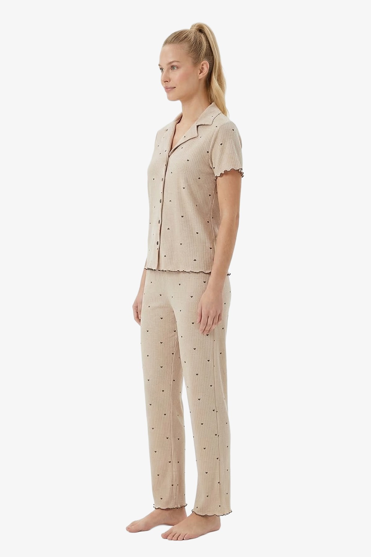 Vizon Kalp Desenli Pointel Gömlek Yaka Kadın Pijama Takımı