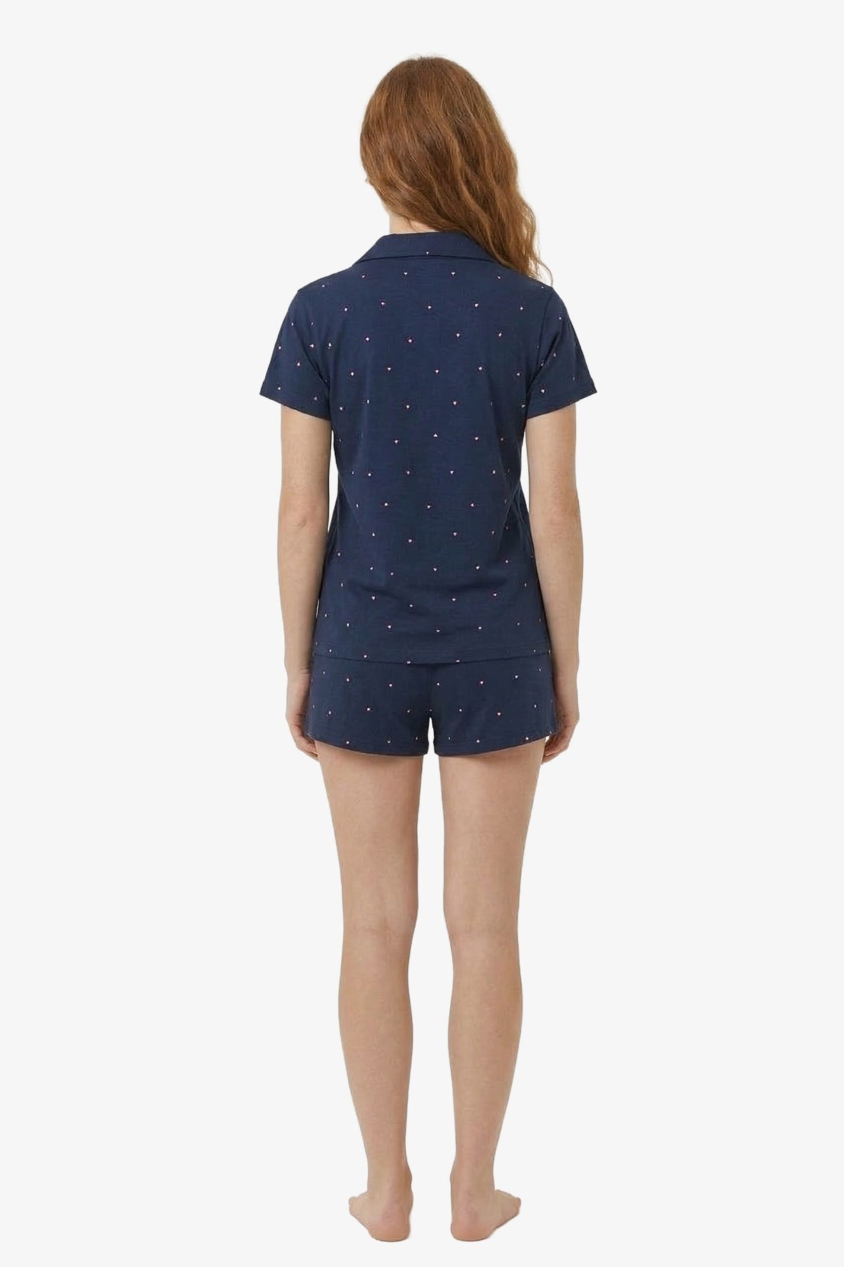 Lacivert Kalp Desenli Yumuşak Dokulu Gömlek Yaka Kadın Şortlu Pijama Takımı