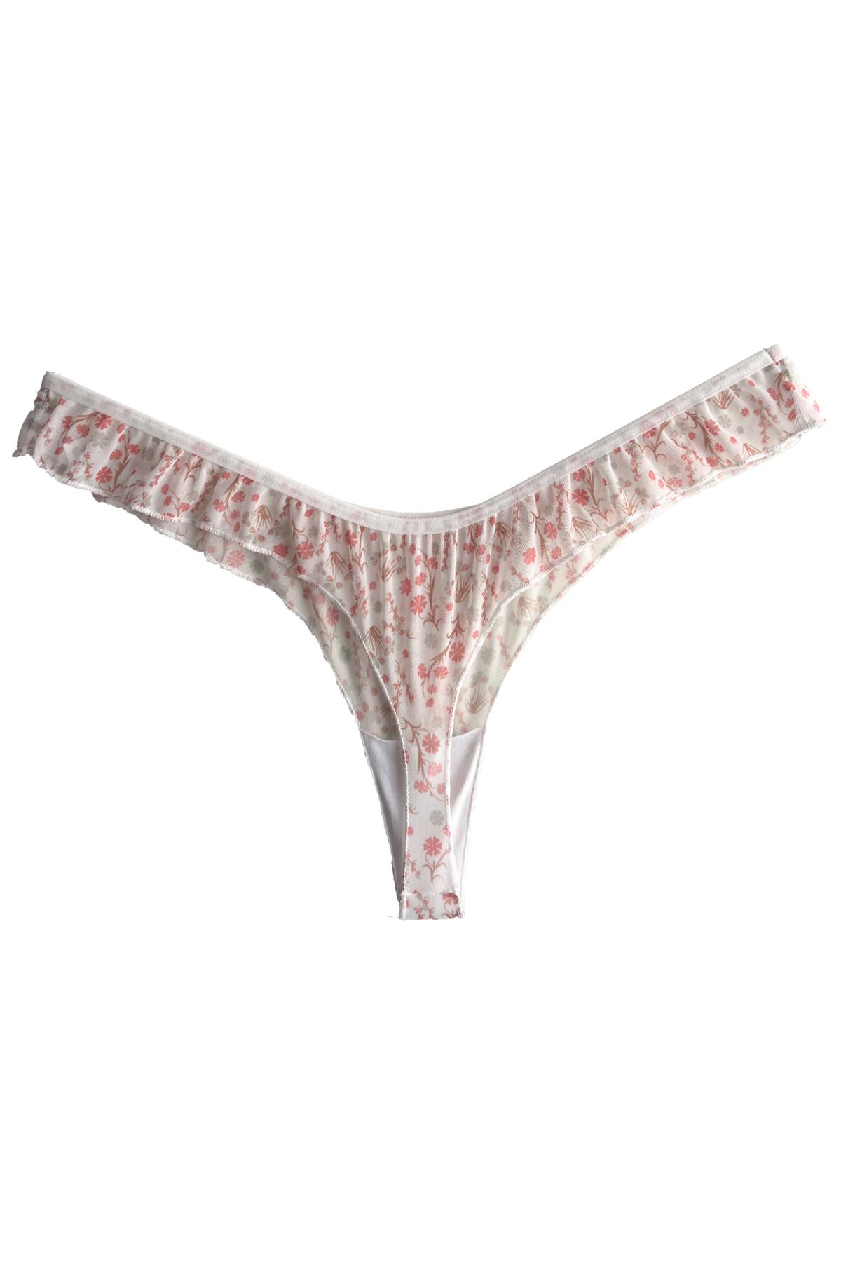 Krem Çiçek Desenli Tül Kenarları Fırfırlı Tanga Külot