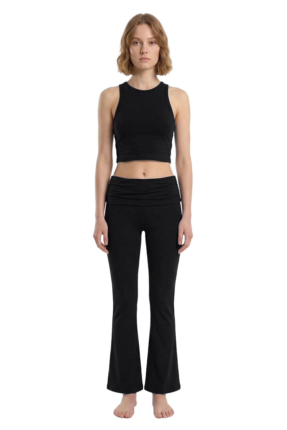 Siyah Viskon Bisiklet Yaka Kolsuz Kadın Crop Atlet