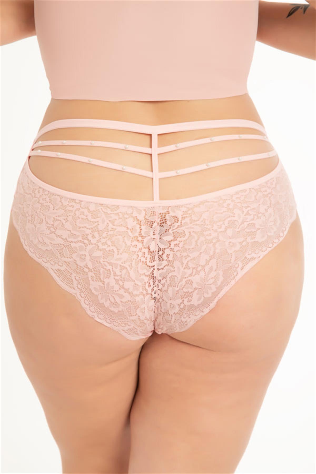 Transparan Tüllü Dantel ve Taş Detaylı Büyük Beden Kadın Bikini Külot 5li Paket