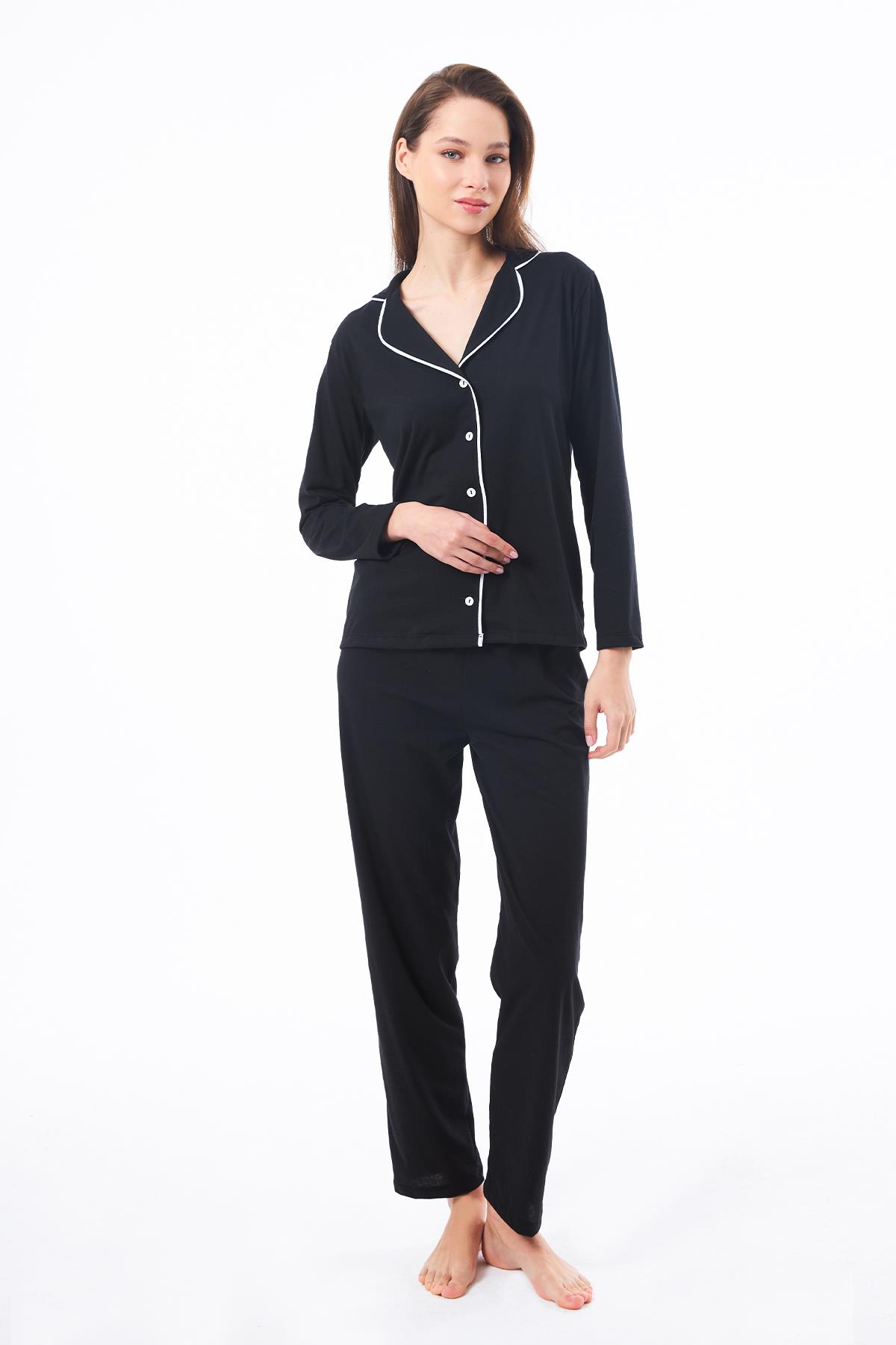 Siyah Önden Düğmeli Pamuklu Kadın Pijama Takımı 