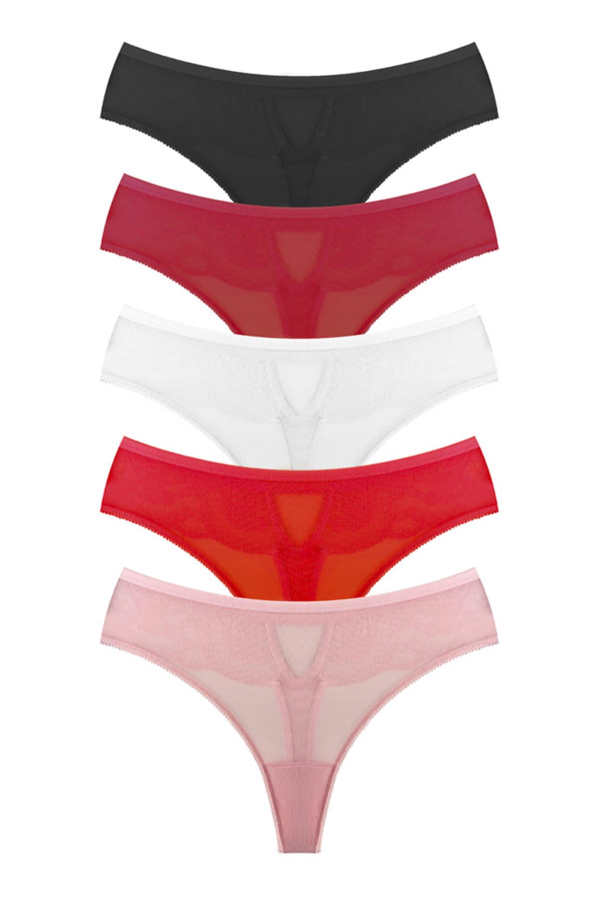 Transparan Tüllü Dantel ve Taş Detaylı Büyük Beden Kadın Tanga Külot 5li Paket