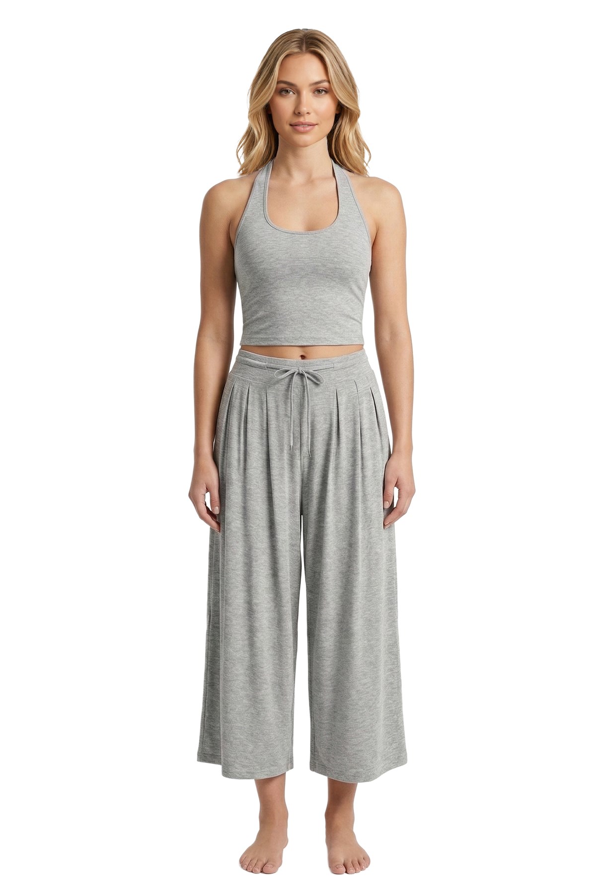 Gri Melanj Viskon Halter Yaka Sırt Dekolteli Kadın Crop Atlet