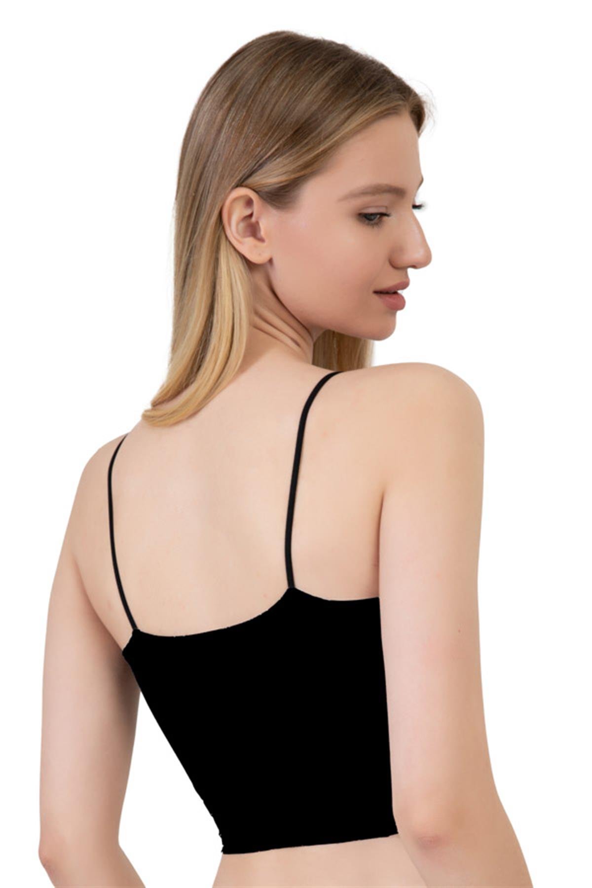 Mikrofiber Dokulu İnce Askılı Siyah Crop Top Büstiyer