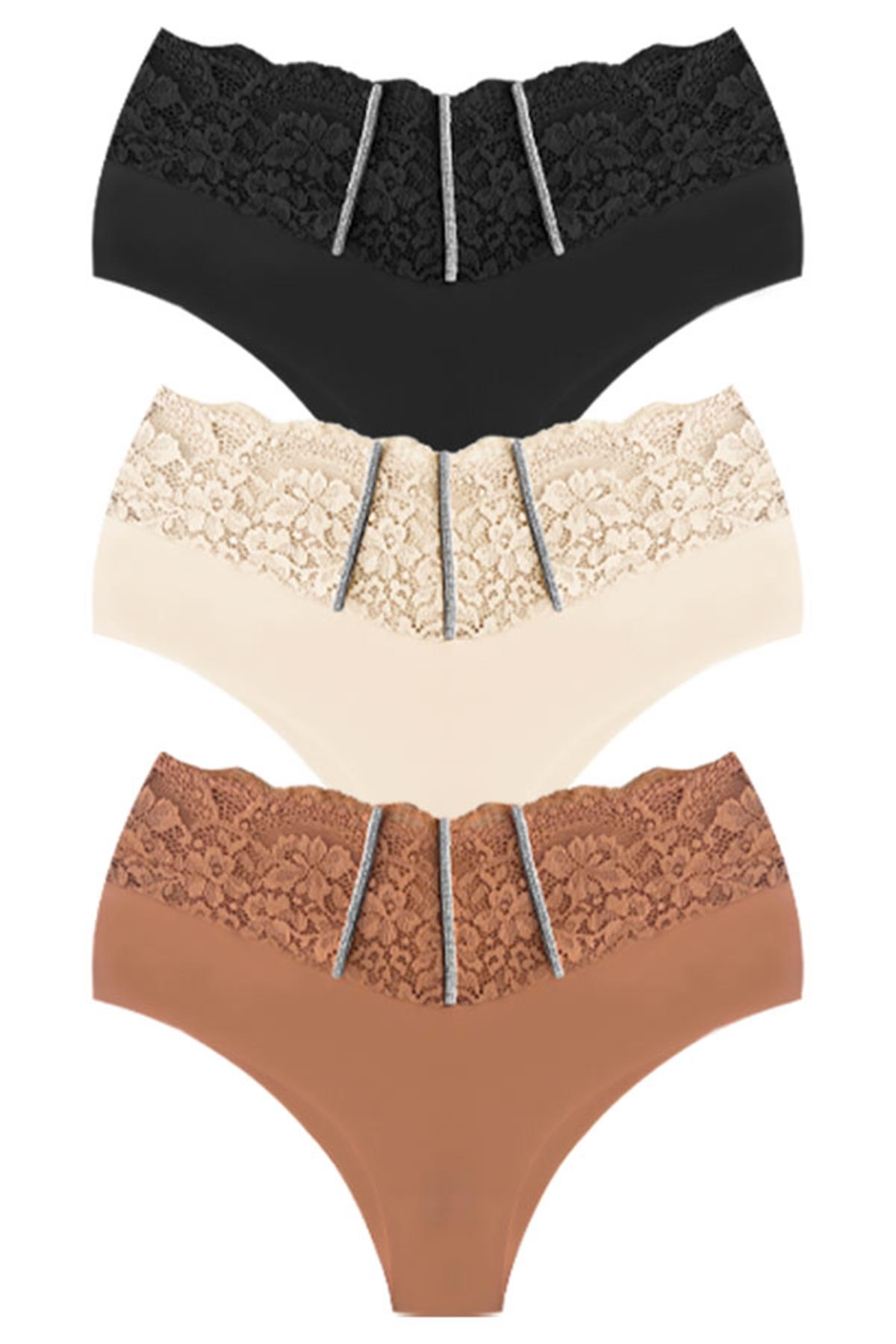 Dantel ve Taş Detaylı Lazer Kesim Büyük Beden Kadın Bikini Külot 3lü Paket