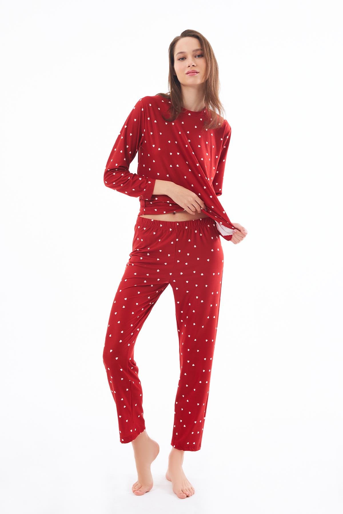 Premium  Kadın Pijama Takımı Kırmızı Kalp Desenli Yumuşak Dokulu Bisiklet Yaka Uzun Kollu