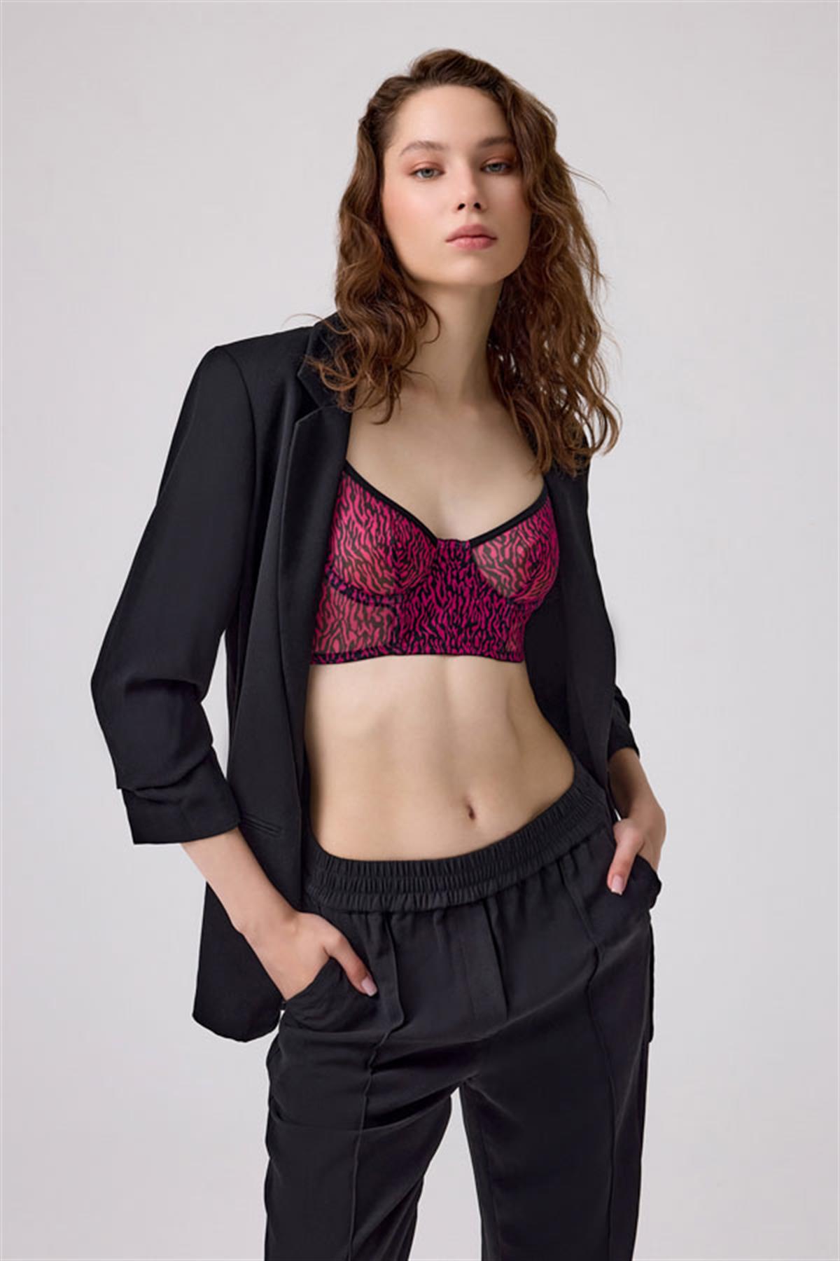 Fuşya Desenli Ayarlanabilir Askılı Balenli Özel Bölgesi Açık Tanga Külotlu Kadın Sütyen Takımı