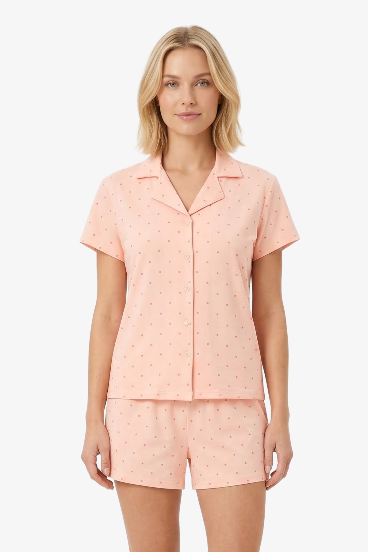 Pudra Puantiyeli Yumuşak Dokulu Gömlek Yaka Kadın Şortlu Pijama Takımı