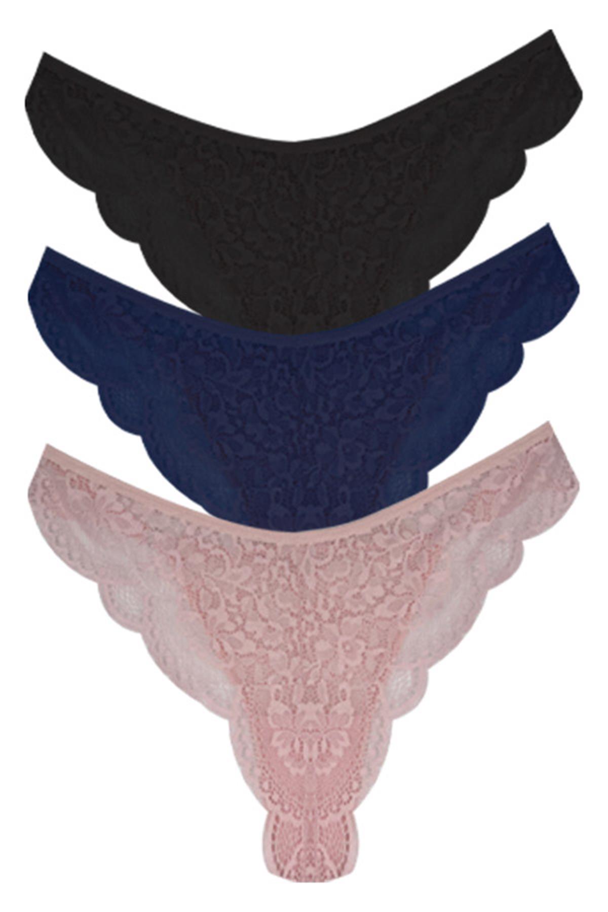 Dantelli ve Halka Detaylı Kadın Brezilya Külot 3lü Paket-2