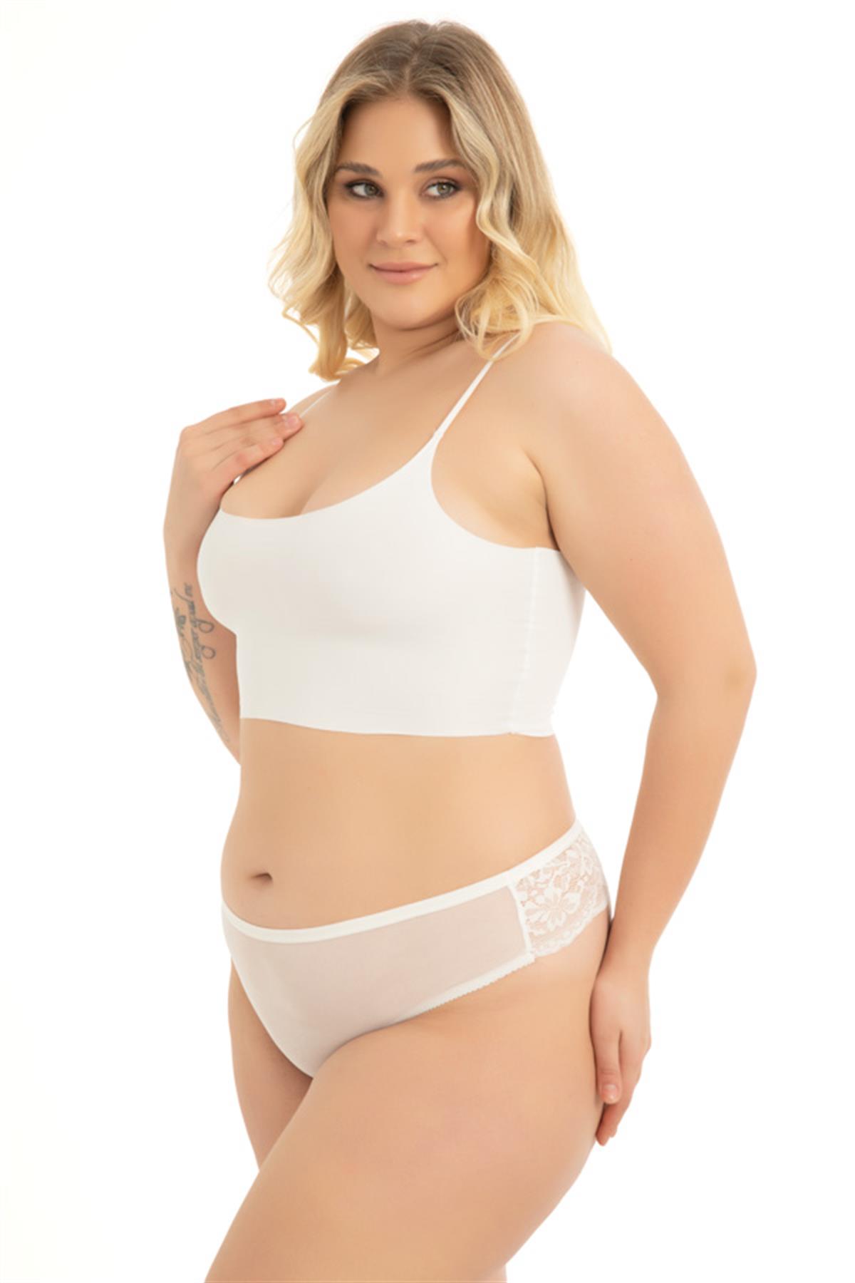 Transparan Tüllü Dantel ve Taş Detaylı Büyük Beden Kadın Tanga Külot 3lü Paket-2