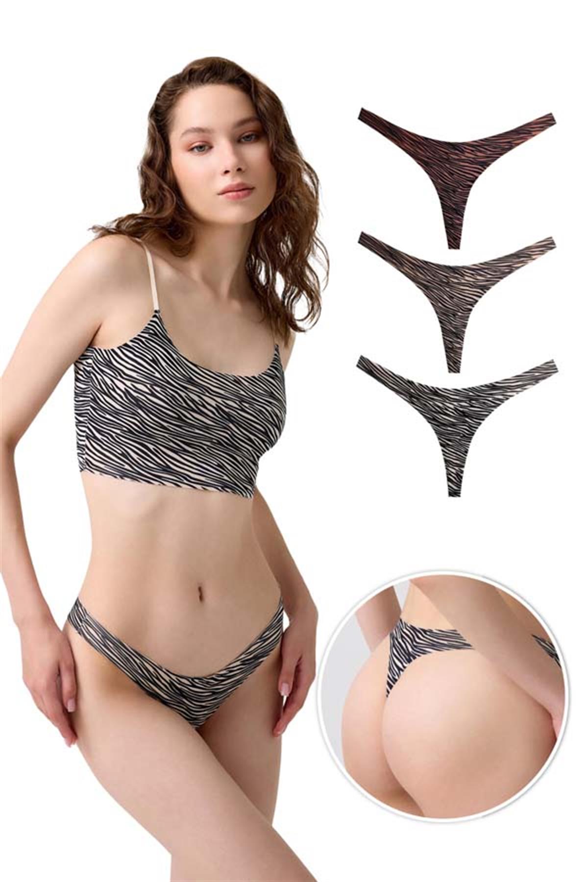 Basic Desenli Lazer Kesim Kadın Tanga Külot 3lü Paket-1
