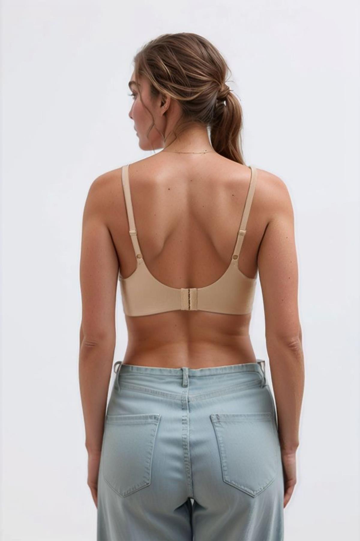 Kahverengi Lazer Kesim Dikişsiz Sütyen Çıkarılabilir Pedli Hayalet Sütyen Dantel Detay Ayarlanabilir