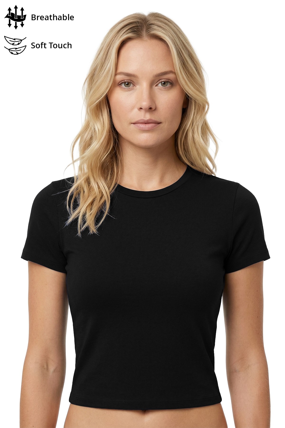 Siyah Viskon Bedene Oturan Bisiklet Yaka Kısa Kollu Kadın Crop Tişört