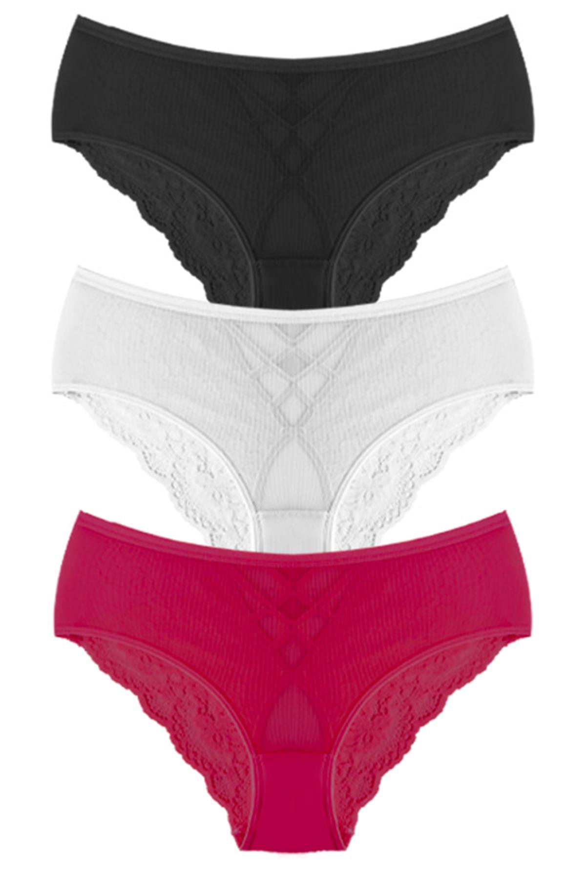 Transparan Tüllü Dantel ve Taş Detaylı Özel Bölgesi Açık Büyük Beden Kadın Tanga Külot 3lü Paket-2