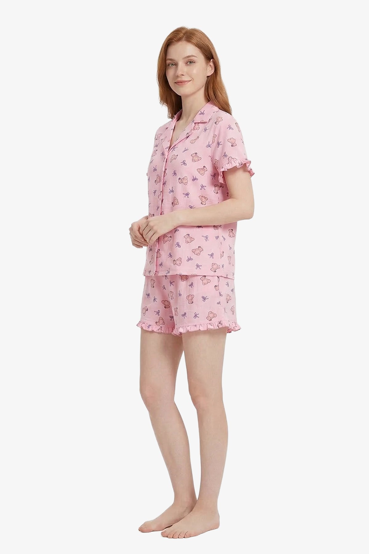 Pudra Ayıcık Desenli Bürümcük Gömlek Yaka Kadın Şortlu Pijama Takımı