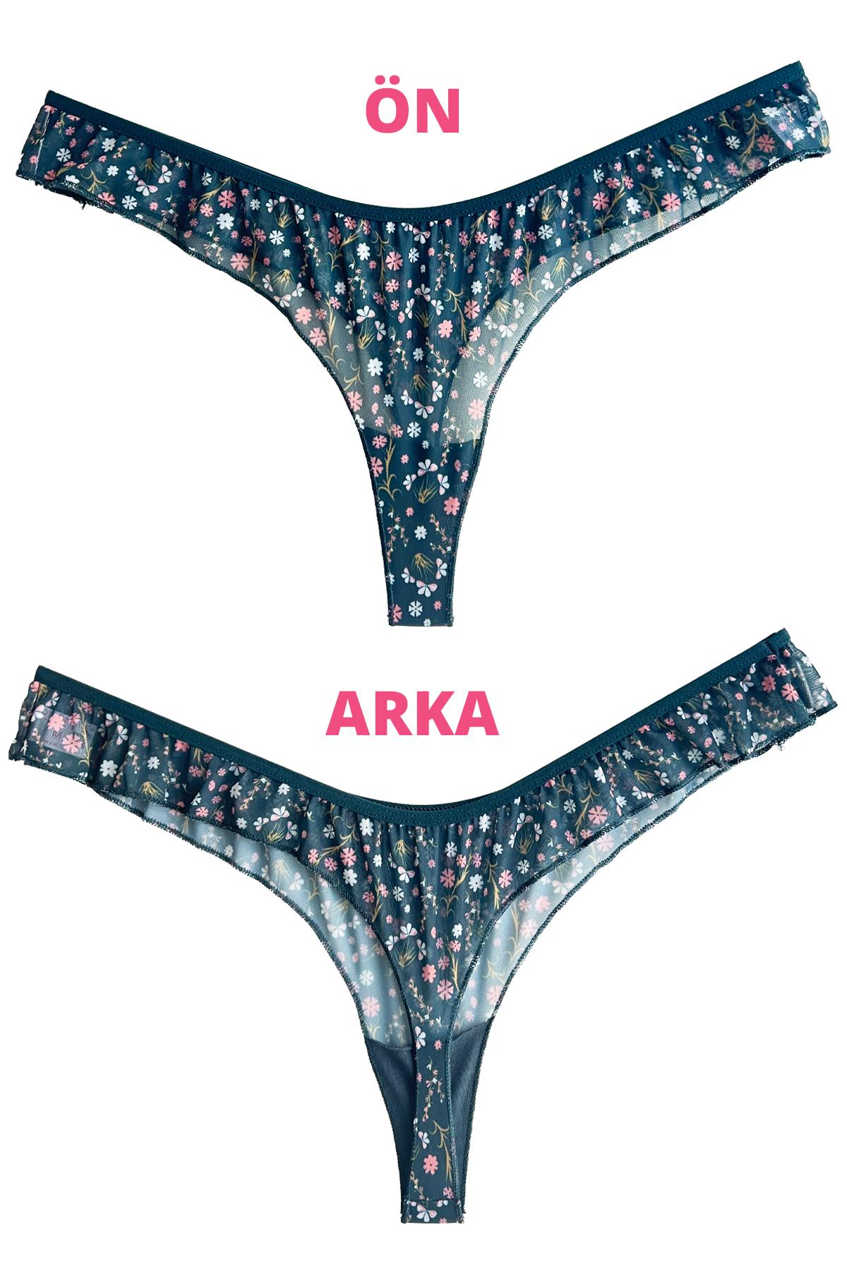 Tenan Yeşili Çiçek Desenli Tül Kenarları Fırfırlı Tanga Külot