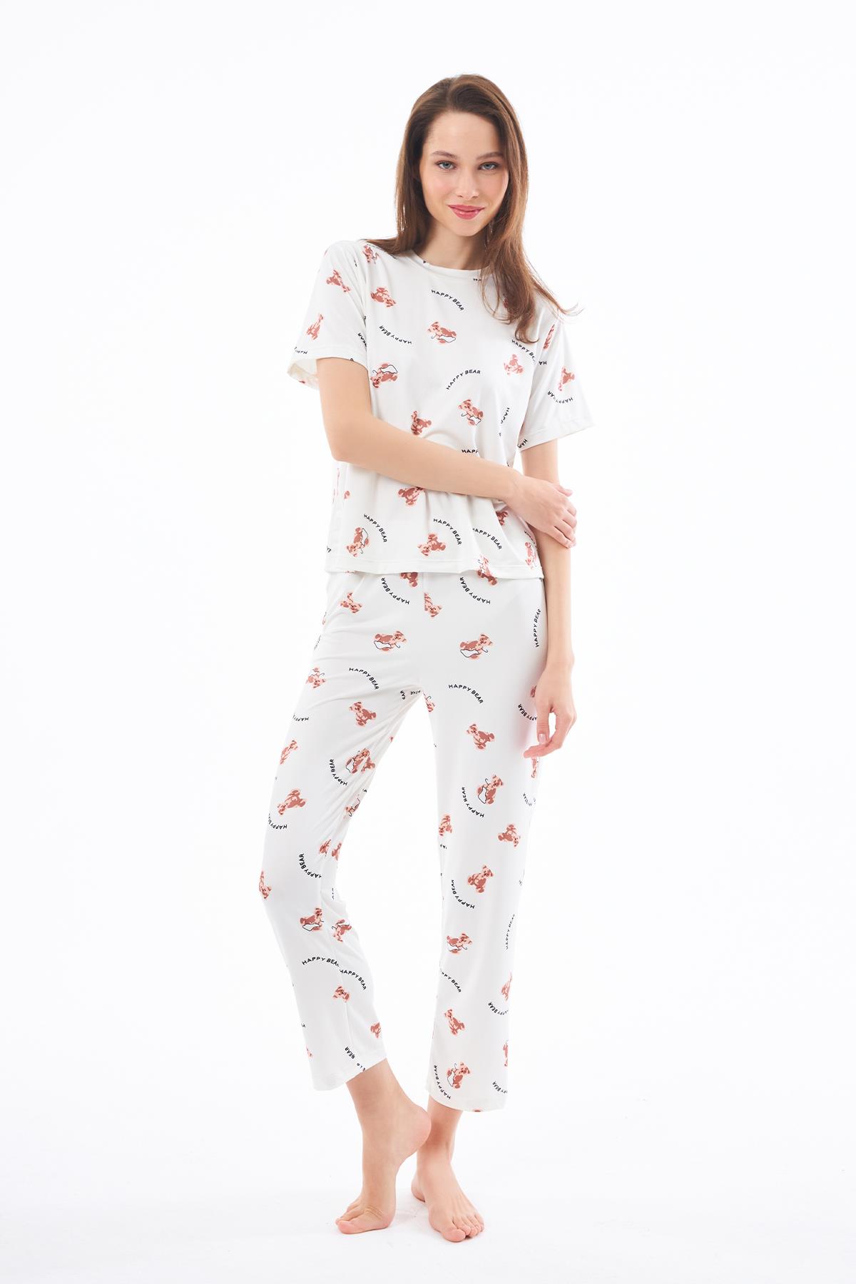 Premium Kadın Pijama Takımı Ayıcık Desenli Yumuşak Dokulu Kısa Kollu Bisiklet Yaka