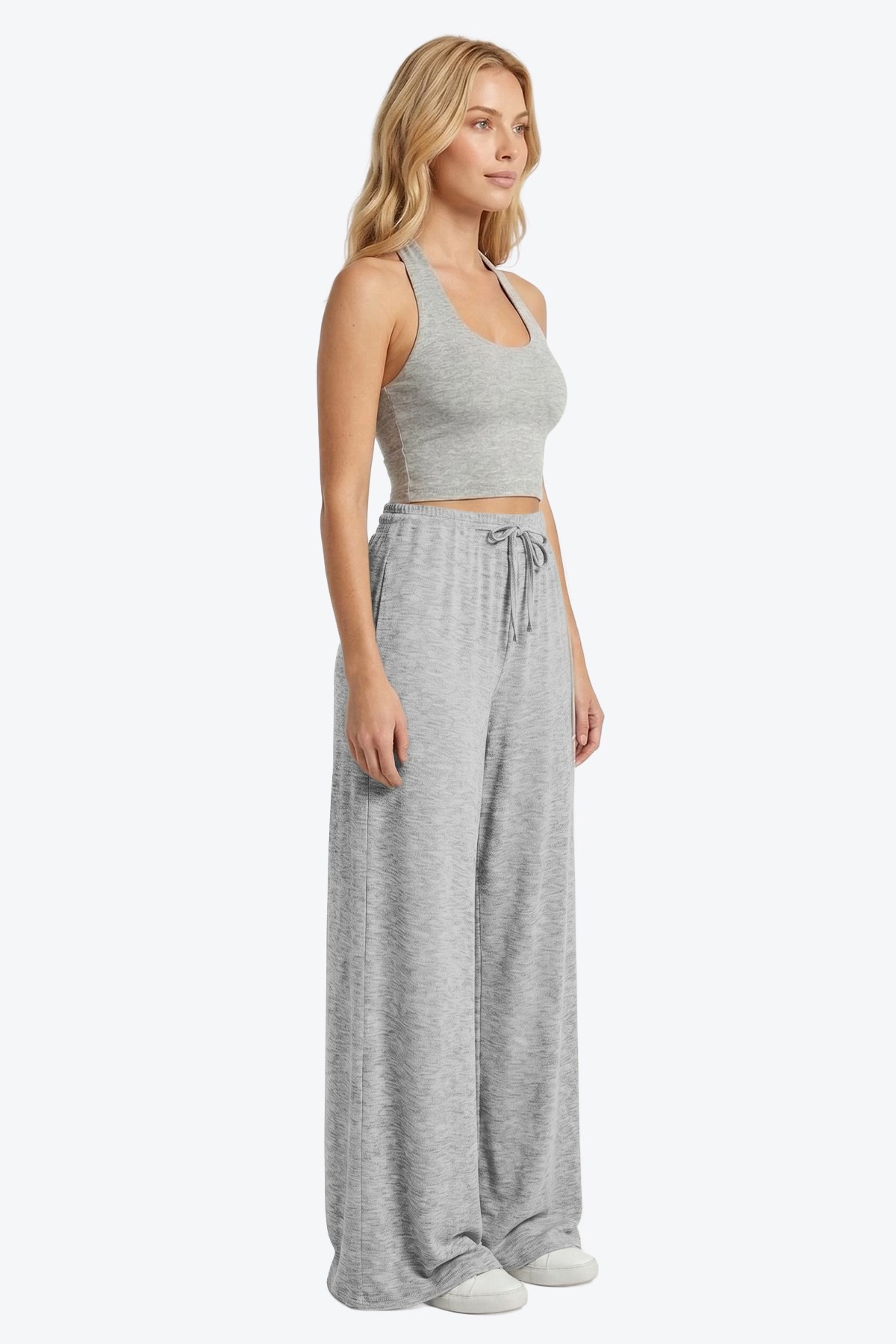 Gri Melanj Viskon Basic Yüksek Bel Bol Paça Bağcıklı Kadın Pantolon