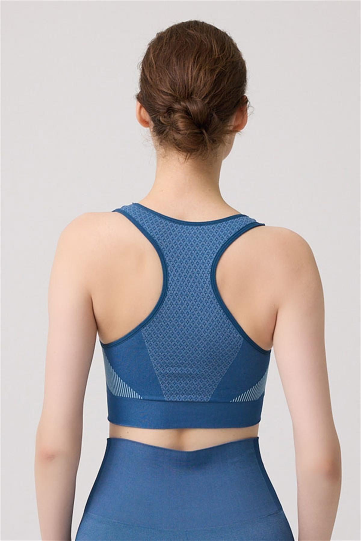 Seamless Mavi Takım Sporcu Yüksek Bel Tayt ve Kalın Askılı Balensiz Crop Top Büstiyer
