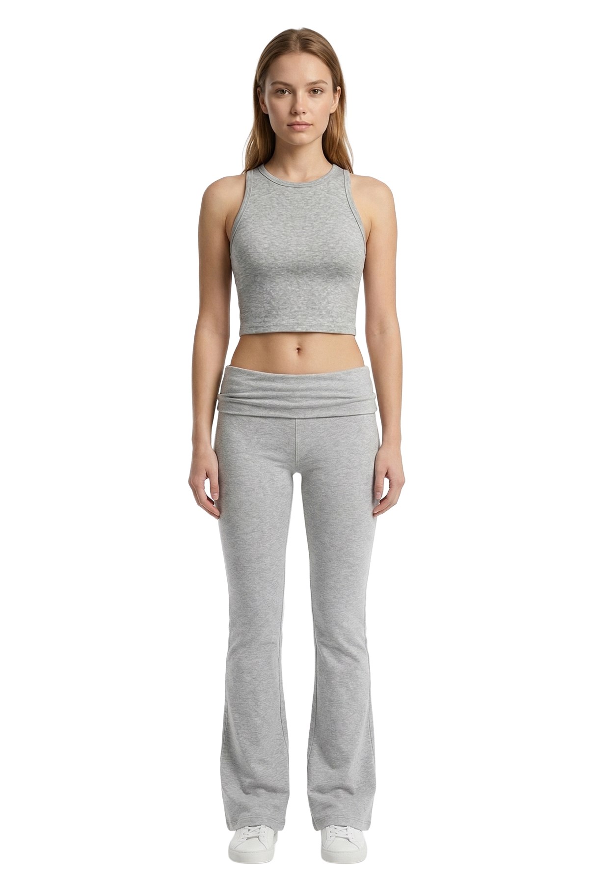 Gri Melanj Viskon Bisiklet Yaka Kolsuz Kadın Crop Atlet