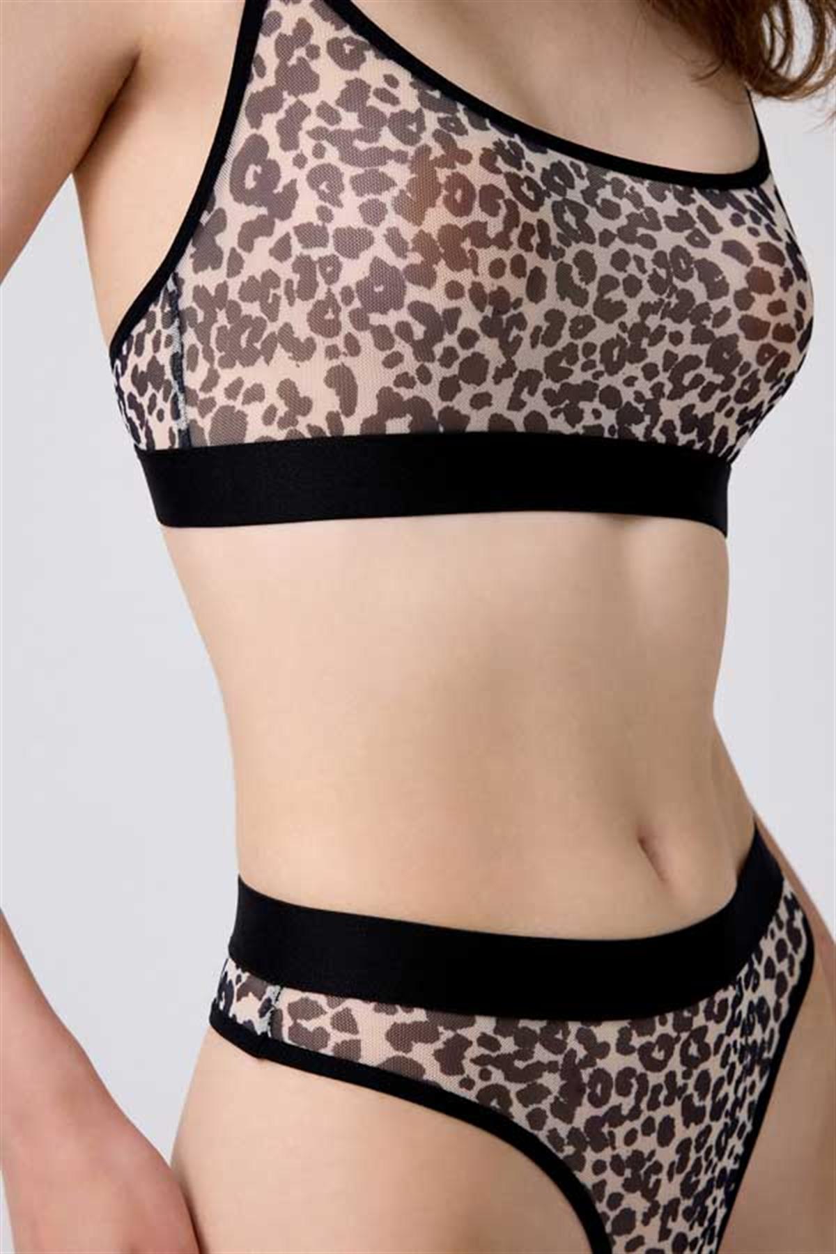 Ten Leopar Desenli Ayarlanabilir Askılı Transparan Tüllü Kadın Sütyen Takımı