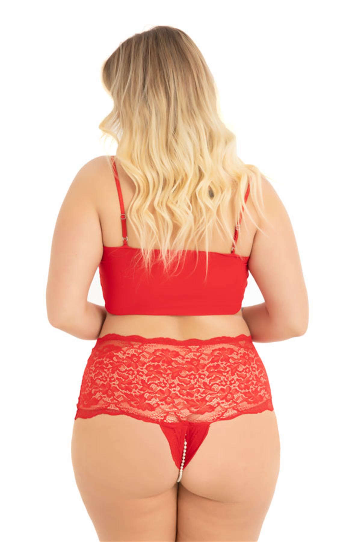Dantelli Boncuk Detaylı Özel Bölgesi Açık Büyük Beden Kadın Tanga Külot 5li Paket