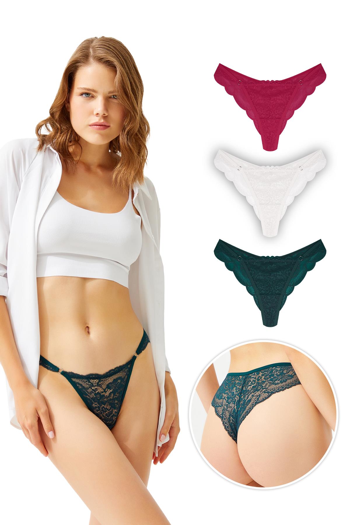 Dantelli ve Halka Detaylı Kadın Brezilya Külot 3lü Paket