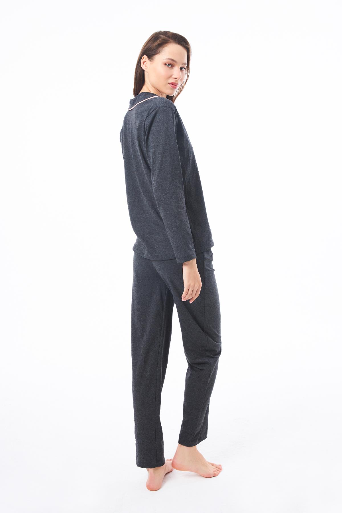 Antrasit Önden Düğmeli Pamuklu Kadın Pijama Takımı